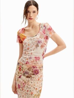 Desigual Tulle Sheer Floral Scoop Neck Short Sleeve Tee size large